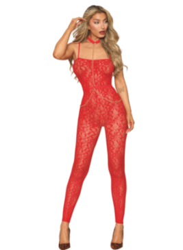 Bodystocking sans couture, fantaisie rouge avec chainettes amovibles - DG0518POI